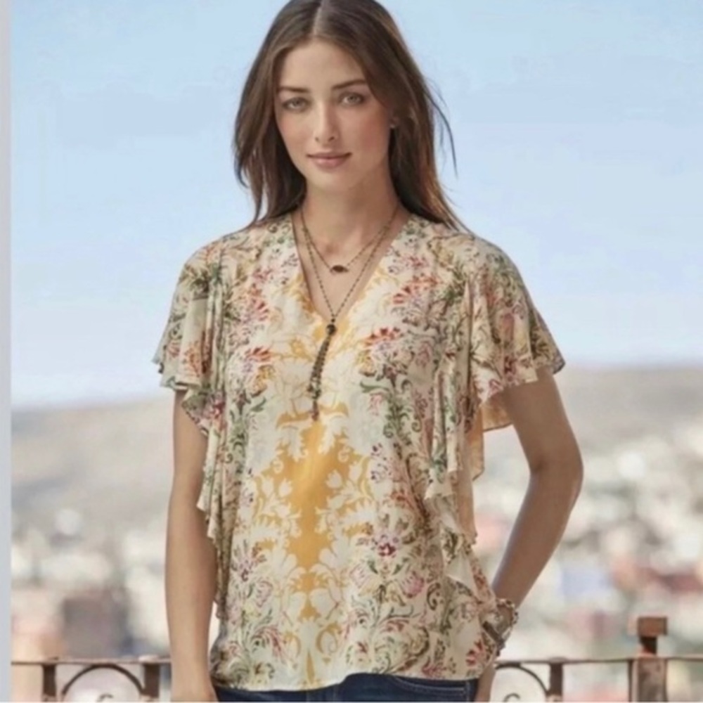 Woman’s Sundance Arabella Floral Ruffle V Neck Blouse Small Yellow‎ Summer
